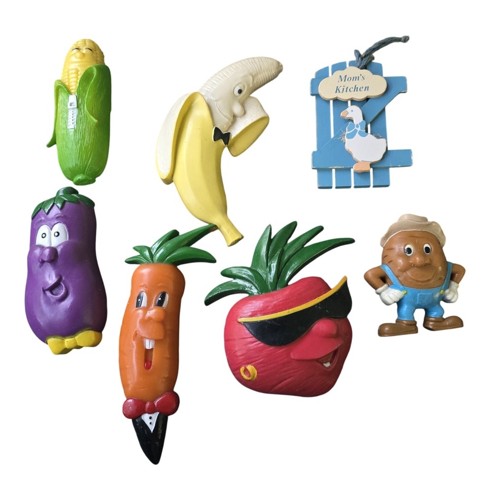 Vintage Novelty Fruit Vegetable Magnets Mom's Kitchen Goose Ornament‎ Set